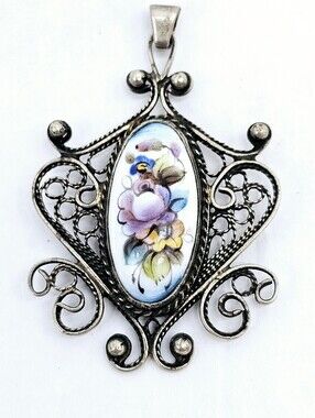 Vintage Russian Finfit Hand-Painted Enamel Large Necklace Pendant Filigree Ball